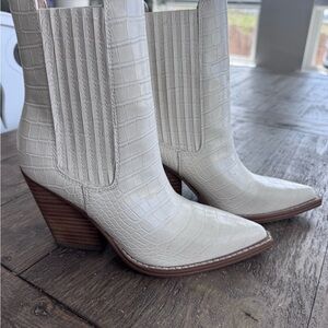 Nine West Women's White Croc-Embossed Western Ankle Boots